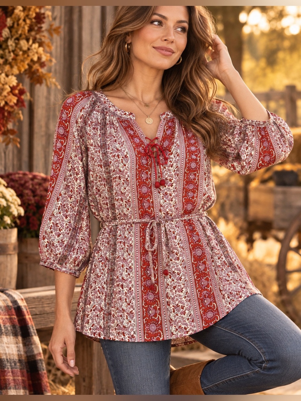 Lucky Brand Boho Floral Metallic Tunic Top Red Pink Size L